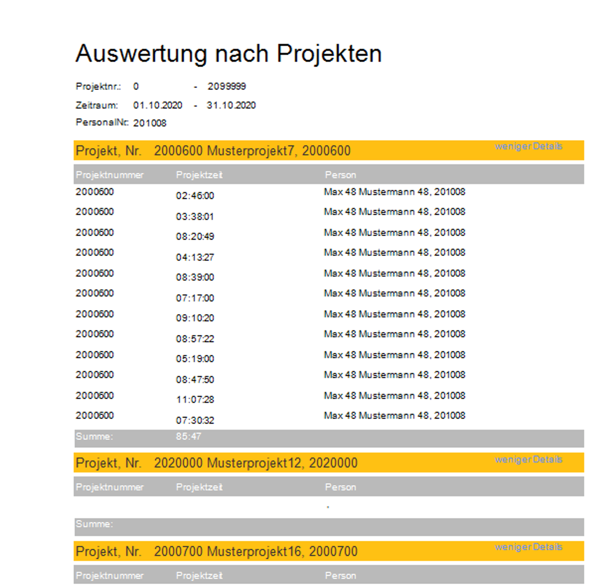 timeCard 10 Projektreport nach Projekt VollVersion